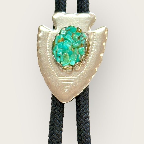 Silver Tone Southwest Arrowhead Turquoise Bolo Tie Necklace Southwestern - Picture 2 of 5